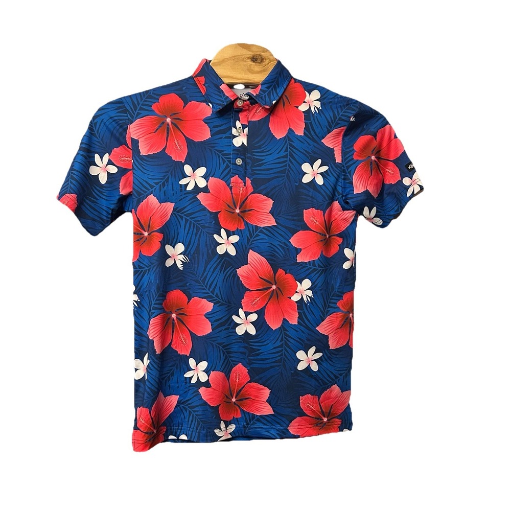 Kaipar Hawaiian Golf Performance‎ Polo Men M Blue Pink Floral All Over Print
